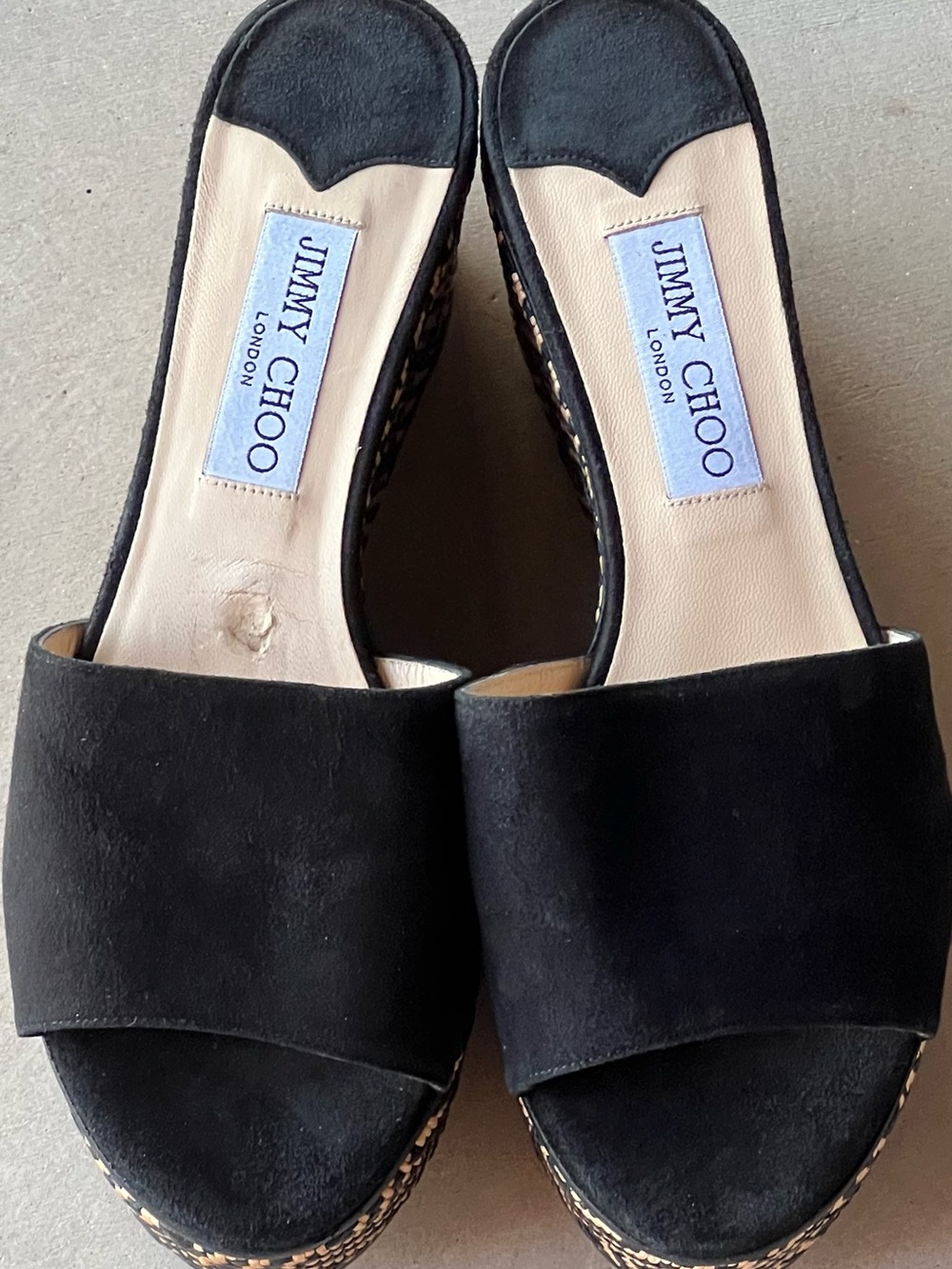 Jimmy Choo Deedee 80 Black Suede Chevron Raffia Platform Wedge Slides EU 38.5 - Picture 10 of 11